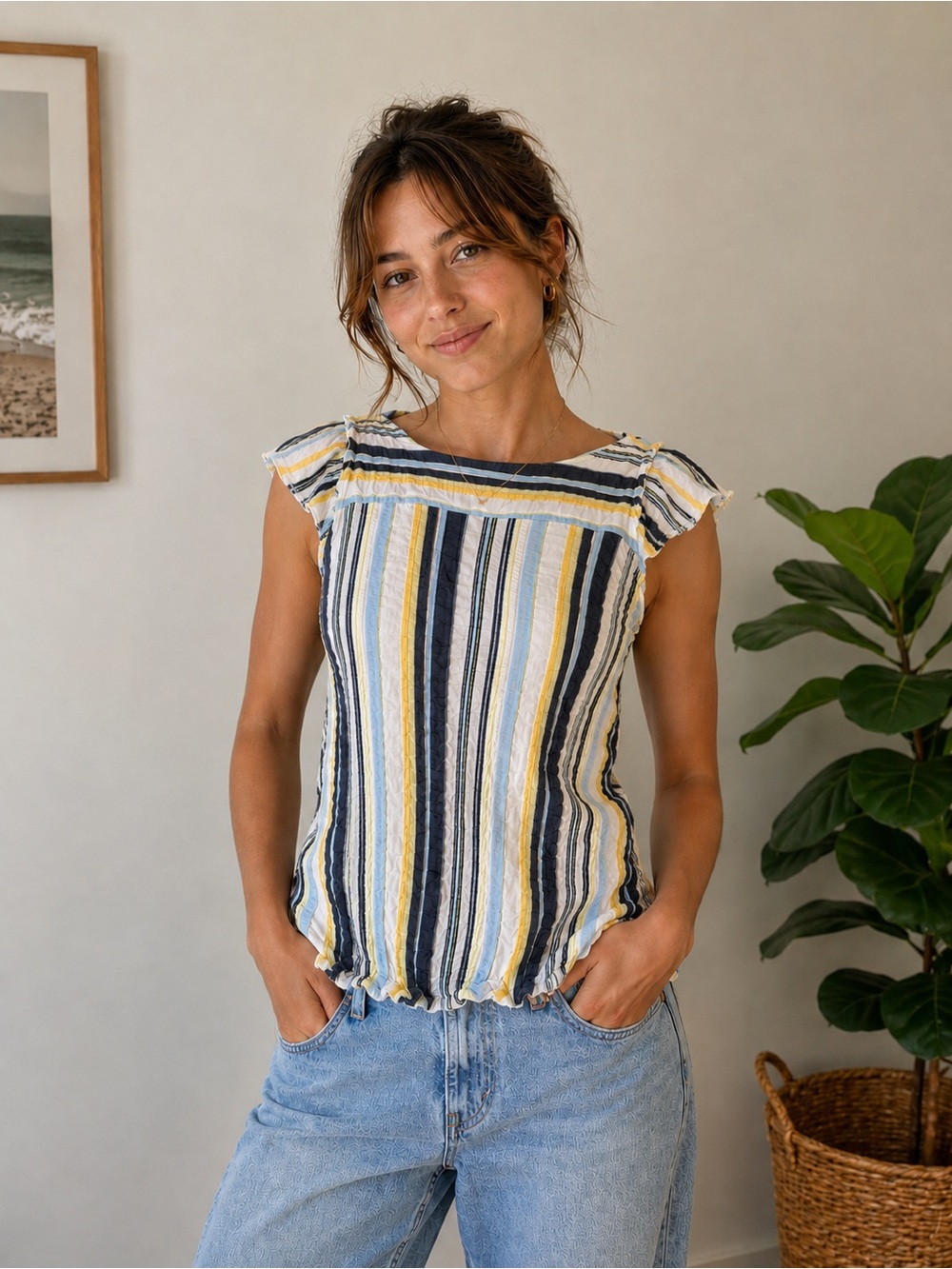 LOFT Yellow Navy White Striped Sleeveless Top